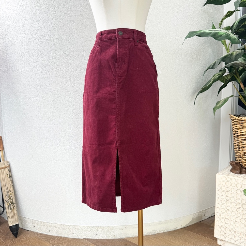 NWT Time & Tru Dark Red Cotton Corduroy Front Slit Pencil Midi Skirt S - Picture 2 of 7